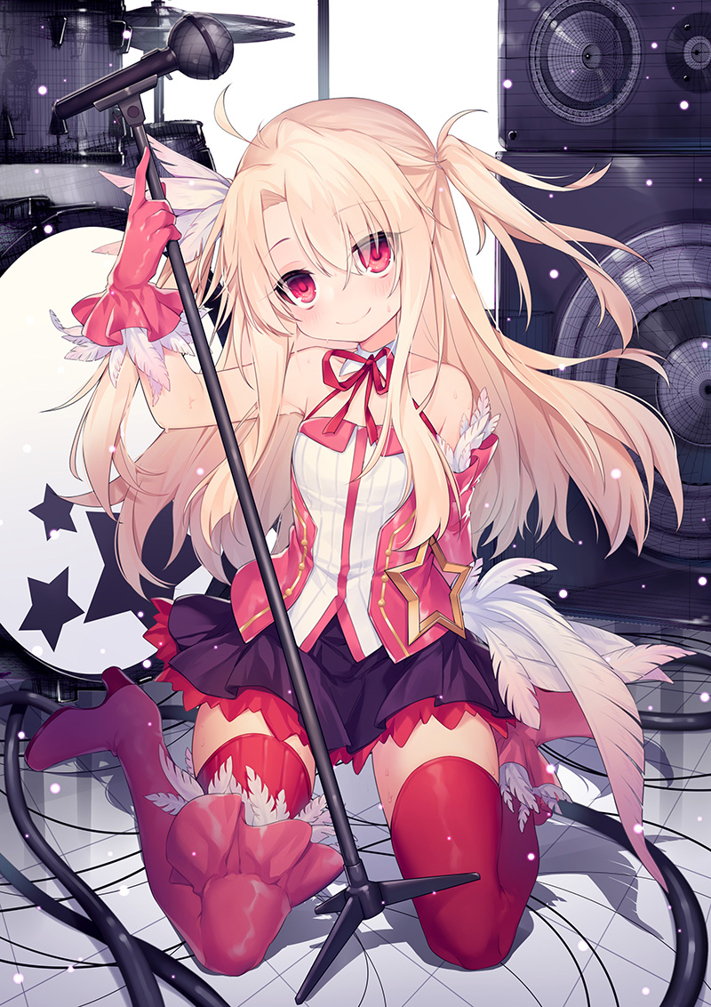 1girl arm_up asymmetrical_footwear bangs bare_shoulders blush boots closed_mouth collar collarbone commentary_request detached_collar detached_sleeves eyebrows_visible_through_hair fate/kaleid_liner_prisma_illya fate_(series) feather-trimmed_gloves feathers full_body gloves hair_between_eyes hair_feathers high_heel_boots high_heels illyasviel_von_einzbern light_brown_hair long_hair looking_at_viewer microphone microphone_stand neck_ribbon parted_bangs pink_footwear pink_legwear pink_sleeves pleated_skirt purple_skirt red_eyes red_gloves red_legwear red_ribbon ribbon shirt single_detached_sleeve single_thigh_boot sitting skirt smile solo speaker star_(symbol) strapless sweat two_side_up utm very_long_hair wariza white_collar white_feathers white_shirt wing_collar