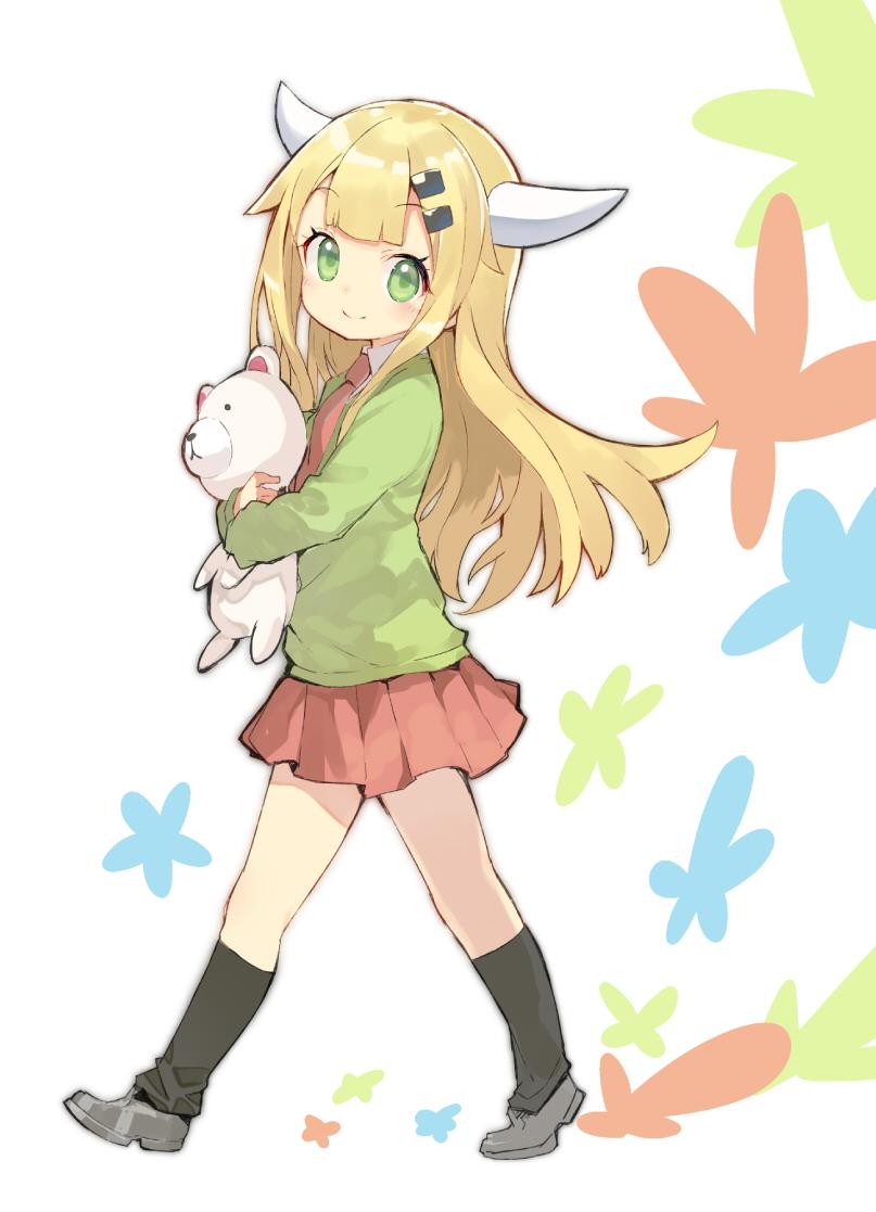 1girl black_legwear blonde_hair closed_mouth from_side full_body green_eyes green_jacket grey_footwear hair_ornament hairclip holding holding_stuffed_animal horns jacket long_hair long_sleeves looking_at_viewer looking_to_the_side madoromi-chan madoromi-chan_ga_iku. necktie pleated_skirt red_neckwear red_skirt shirabi shoes skirt smile socks solo stuffed_animal stuffed_toy teddy_bear