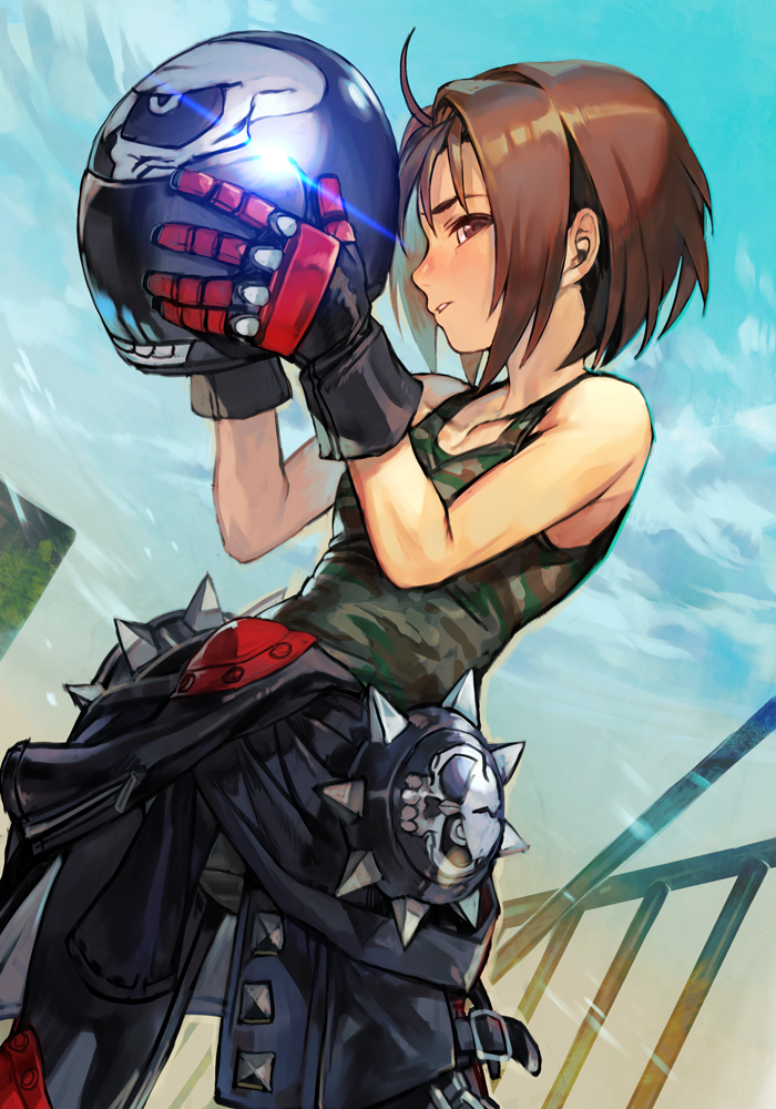 1girl bangs black_pants blue_sky blush breasts brown_eyes brown_hair camouflage_tank_top clothes_around_waist collarbone gloves green_tank_top hankuri helmet kazama_akira looking_at_viewer motorcycle_helmet pants rival_schools short_hair skull_print sky small_breasts tank_top