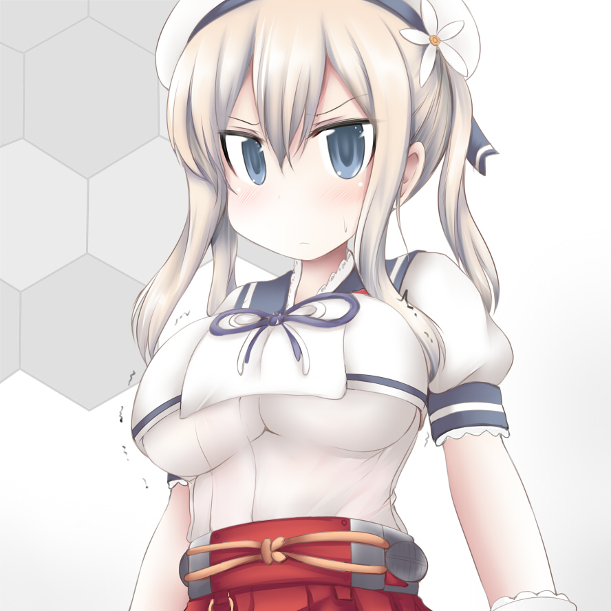 1girl blonde_hair blue_sailor_collar breasts bursting_breasts commentary_request cosplay flower gloves graf_zeppelin_(kantai_collection) grey_eyes hair_between_eyes hair_flower hair_ornament honeycomb_(pattern) honeycomb_background kantai_collection large_breasts long_hair looking_at_viewer ouno_(nounai_disintegration) puffy_short_sleeves puffy_sleeves red_skirt sailor_collar sailor_shirt shirt short_sleeves sidelocks skirt solo twintails undersized_clothes upper_body white_gloves yashiro_(kantai_collection) yashiro_(kantai_collection)_(cosplay)
