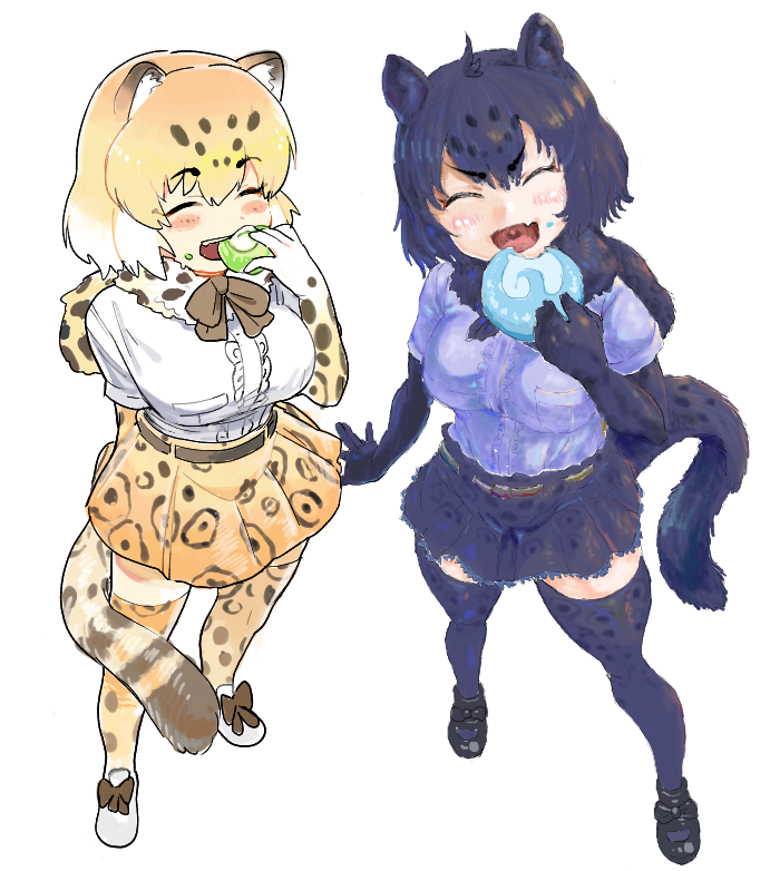 2girls ahoge animal_ears animal_print arm_at_side bangs belt black_hair black_jaguar_(kemono_friends) blonde_hair blush bow bowtie breast_pocket breasts brown_hair cat_girl collaboration commentary_request eating elbow_gloves eyebrows_visible_through_hair food food_on_face full_body fur_scarf gloves hair_between_eyes hand_up happy holding holding_food jaguar_(kemono_friends) jaguar_ears jaguar_girl jaguar_print jaguar_tail japari_bun kemono_friends medium_hair miniskirt multicolored_hair multiple_girls ogami_tadashina open_mouth outstretched_arm outstretched_hand pocket print_gloves print_legwear print_scarf print_skirt purple_shirt scarf shirt shoes short_sleeves simple_background skirt smile spread_fingers standing tail thigh-highs tmtkn1 v-shaped_eyebrows white_background white_hair white_shirt zettai_ryouiki