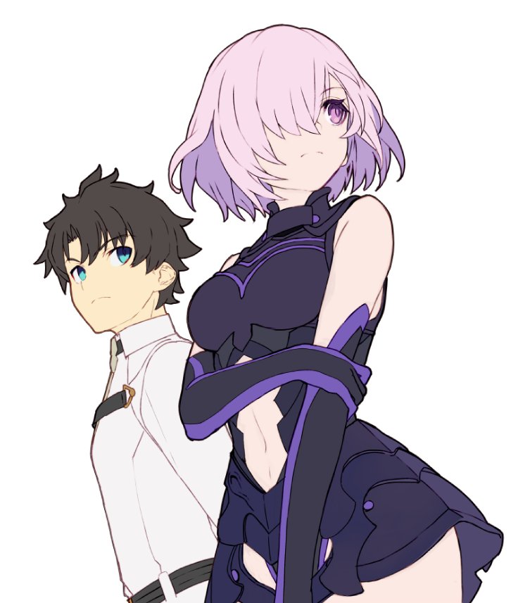 1boy 1girl armored_skirt bare_shoulders black_gloves black_hair blue_eyes breasts closed_mouth elbow_gloves fate/grand_order fate_(series) fujimaru_ritsuka_(male) gloves hair_over_one_eye jacket large_breasts mash_kyrielight navel_cutout one_eye_covered pink_hair shirabi short_hair simple_background standing underbust white_background white_jacket