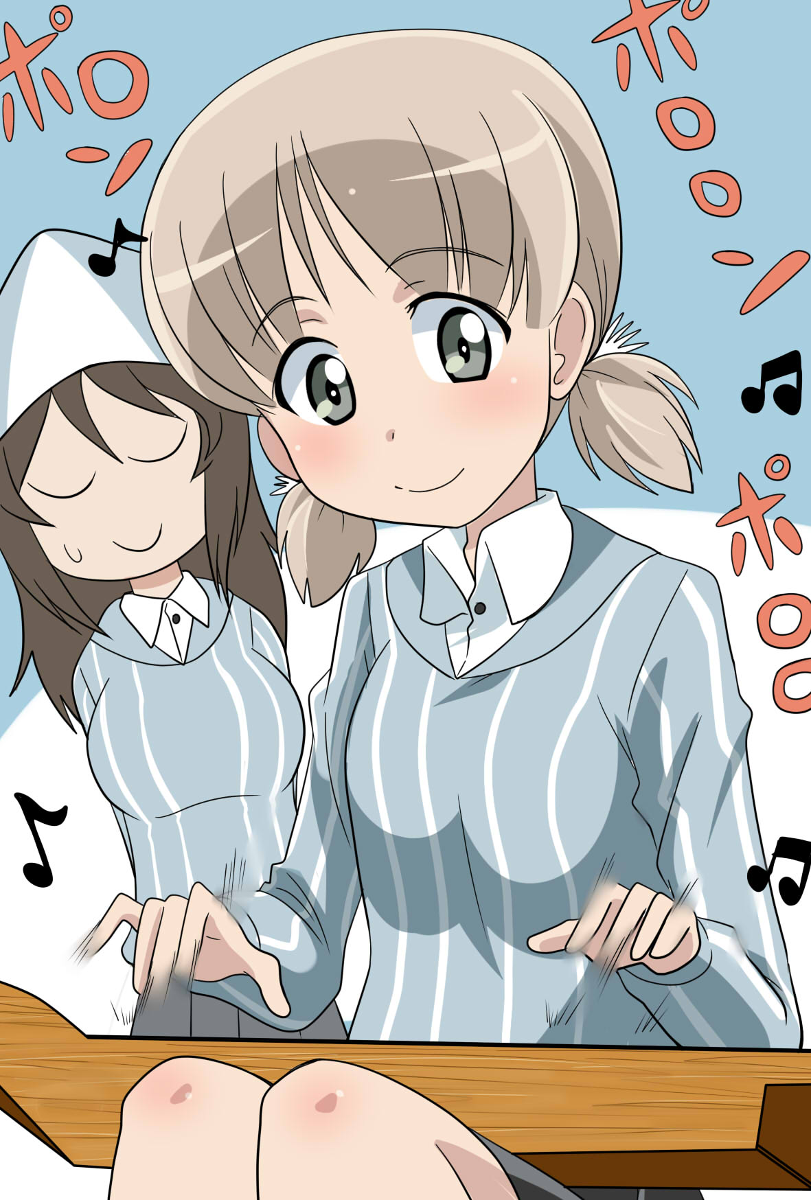 2girls aki_(girls_und_panzer) bangs blonde_hair blue_shirt blush breasts brown_hair closed_eyes collared_shirt eyebrows_visible_through_hair girls_und_panzer grey_eyes grey_skirt hair_ornament hat highres instrument kantele keizoku_school_uniform knees_together long_hair mika_(girls_und_panzer) motion_blur motion_lines multiple_girls music playing_instrument pleated_skirt school_uniform shirt short_hair short_twintails sitting skirt small_breasts smile striped striped_shirt sweatdrop twintails vertical_stripes wakku_kan white_shirt