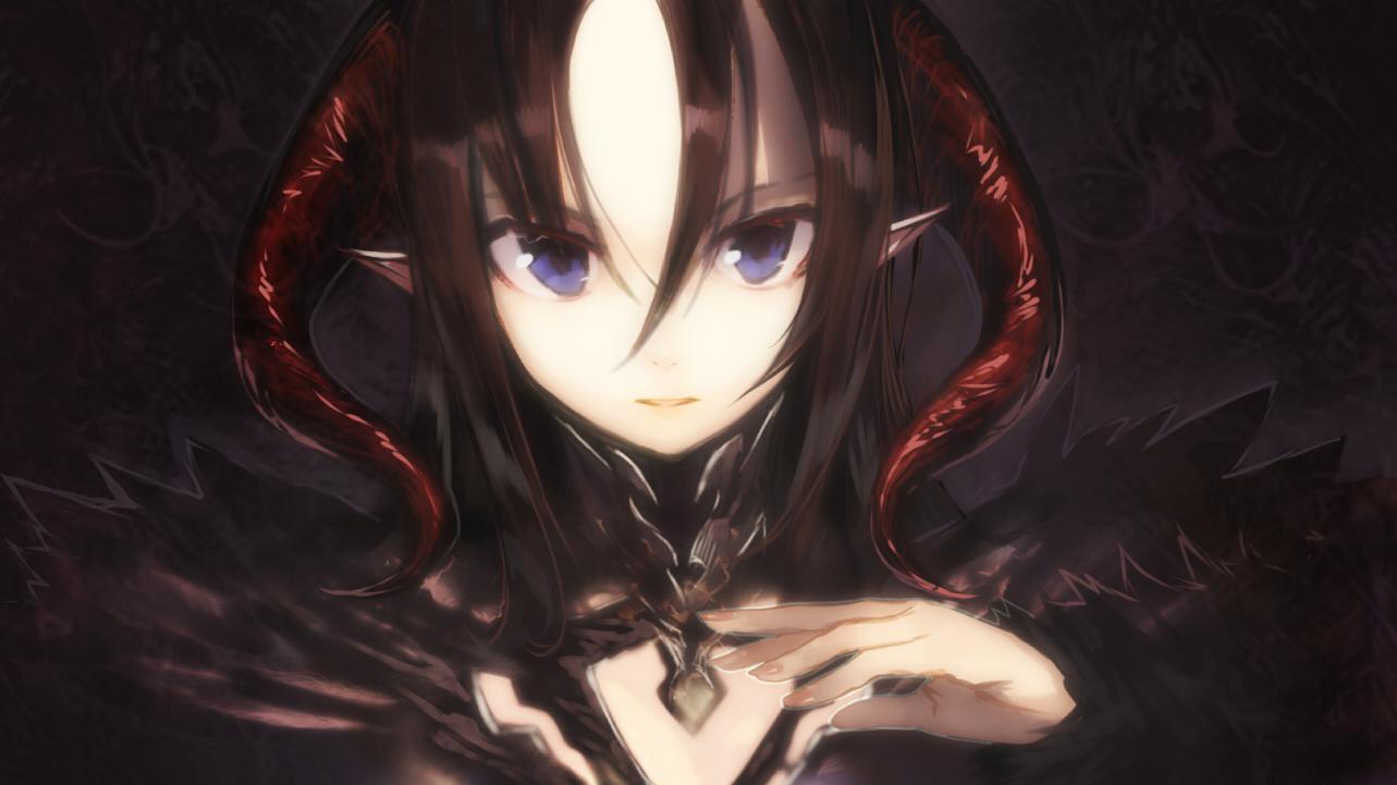 1girl black_background black_hair copyright_request dark fingernails hand_up horns looking_at_viewer parted_lips pointy_ears shirabi solo violet_eyes