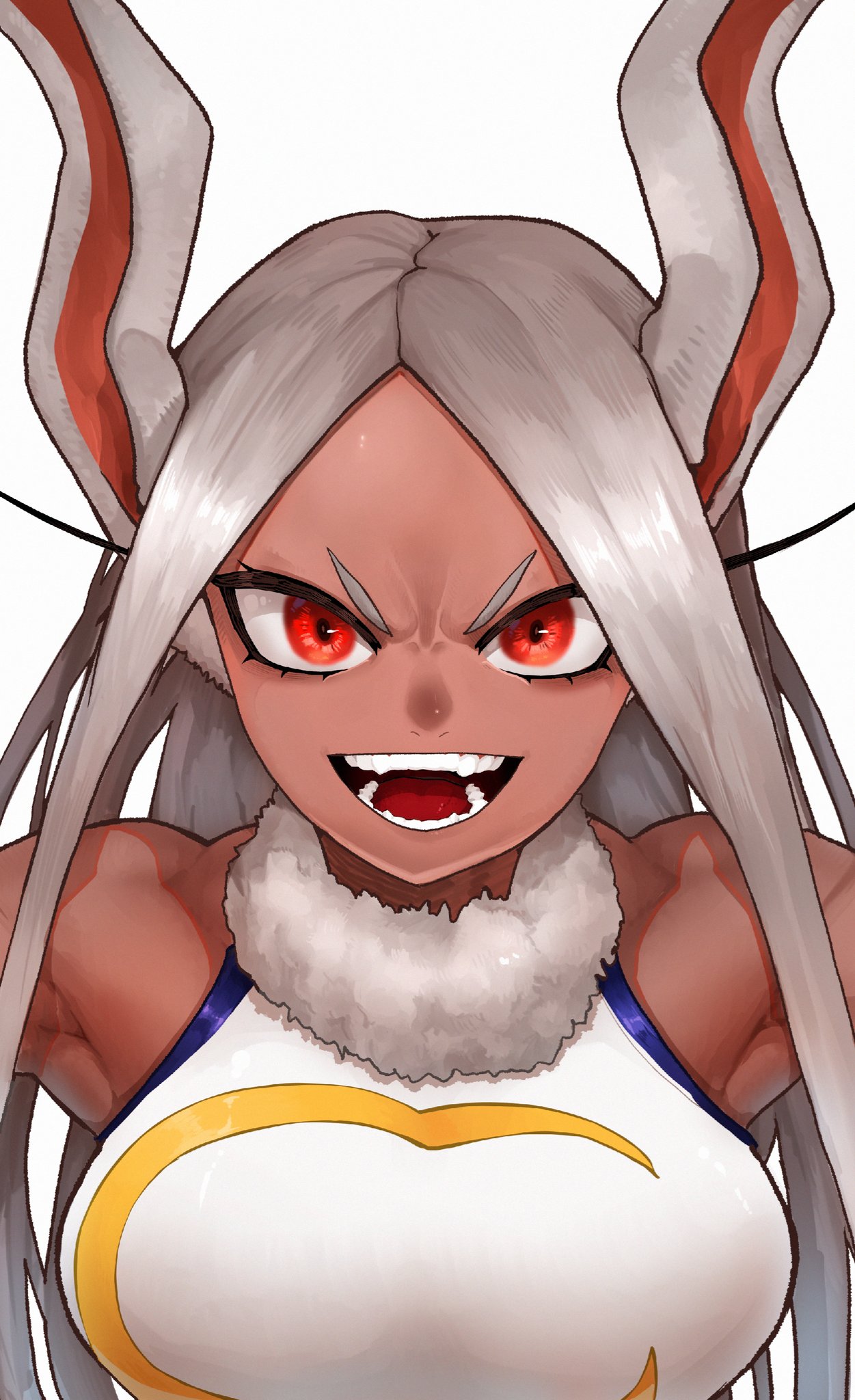 1girl animal_ears bare_shoulders boku_no_hero_academia breasts bunny_girl eungi highres large_breasts long_hair looking_at_viewer mirko muscle muscular_female open_mouth rabbit_ears red_eyes simple_background sleeveless solo teeth tongue upper_body white_background white_hair