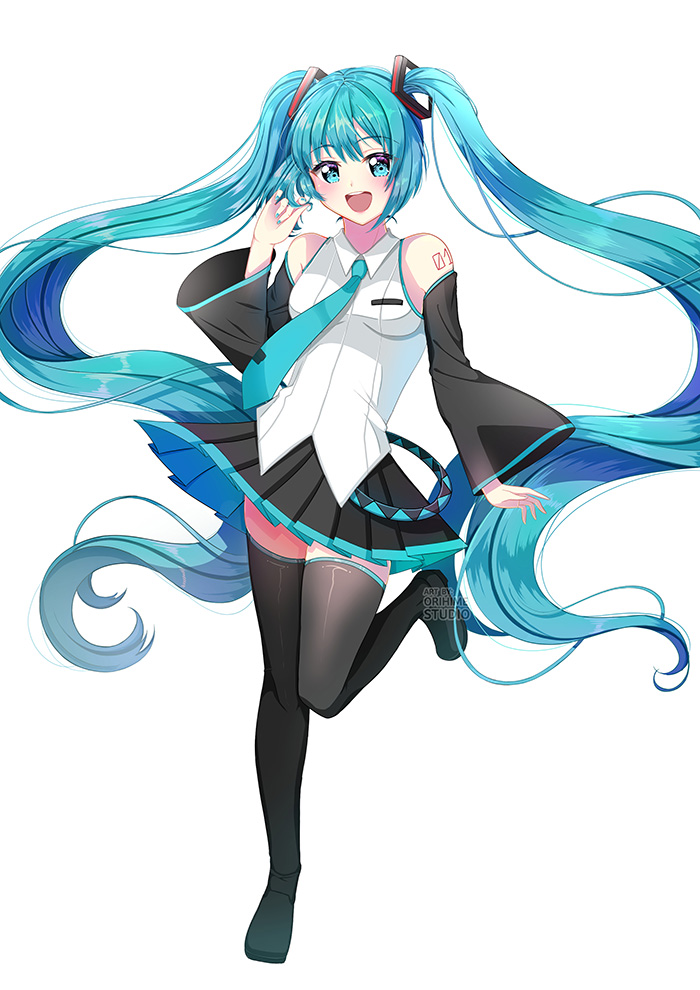 1girl :d bangs black_footwear black_skirt black_sleeves blue_eyes blue_hair blue_nails blue_neckwear blush boots breasts collared_shirt detached_sleeves eyebrows_visible_through_hair floating_hair hatsune_miku long_hair long_sleeves looking_at_viewer miniskirt nail_polish necktie open_mouth orihimestudio pleated_skirt shiny shiny_hair shirt simple_background skirt sleeveless sleeveless_shirt small_breasts smile solo standing standing_on_one_leg thigh-highs thigh_boots very_long_hair vocaloid watermark white_background white_shirt wide_sleeves wing_collar zettai_ryouiki