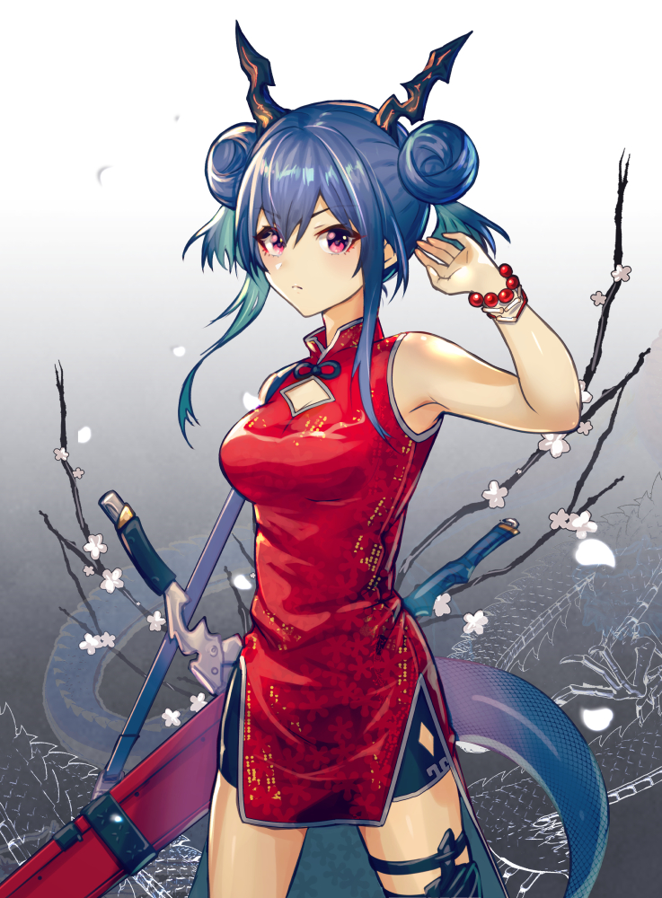 1girl arknights armpits bangs bare_arms bare_shoulders bead_bracelet beads black_shorts blue_hair bracelet breasts ch'en_(arknights) china_dress chinese_clothes cleavage_cutout commentary_request cowboy_shot double_bun dragon_horns dragon_tail dress gradient gradient_background grey_background hand_up horns jewelry long_hair looking_at_viewer medium_breasts pink_eyes red_dress short_shorts shorts sidelocks sleeveless sleeveless_dress solo standing tail thighs yoruhachi