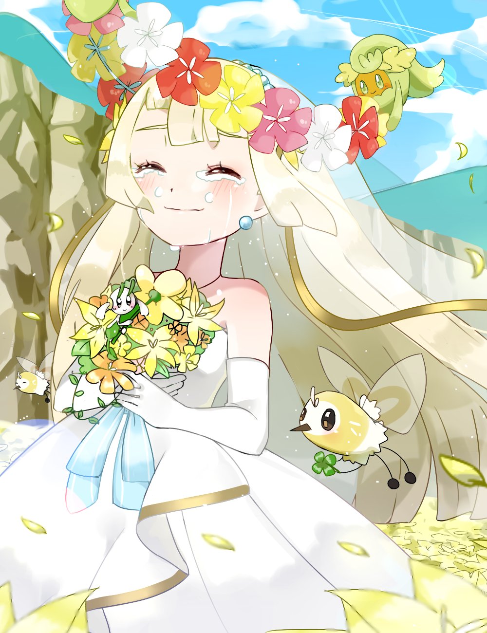 bare_shoulders blonde_hair blue_ribbon blue_sky blush bouquet cliff closed_eyes clouds clover comfey crying cutiefly dress earrings elbow_gloves flabebe flower gen_6_pokemon gen_7_pokemon gloves gold_trim hair_flower hair_ornament happy_tears highres hill jewelry lillie_(pokemon) long_hair orange_flower petals pink_flower pinpati26 pokemon pokemon_(creature) pokemon_(game) pokemon_sm red_flower ribbon sky tears veil wedding_dress white_dress white_gloves yellow_flower