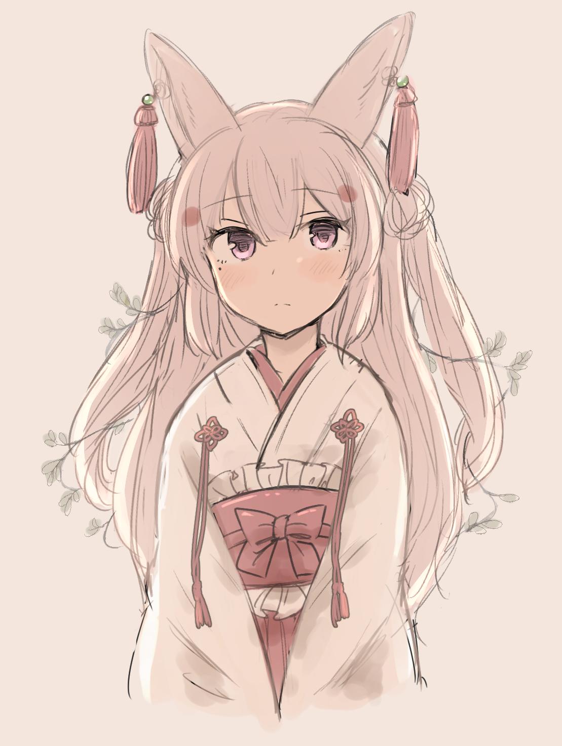 1girl animal_ears blush closed_mouth eyebrows_visible_through_hair grey_background hakama highres inazakura00 japanese_clothes long_hair long_sleeves looking_at_viewer miko obi original pink_eyes pink_hair rabbit_ears red_hakama red_sash sash simple_background solo tassel wide_sleeves