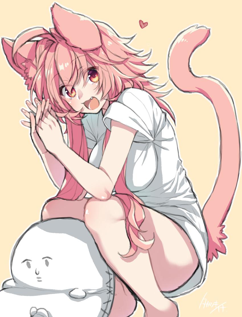 1girl ahoge animal_ears breasts cat_ears cat_girl cat_tail commentary_request eyebrows_visible_through_hair eyes_visible_through_hair fang feet_out_of_frame hair_between_eyes heart large_breasts long_hair looking_at_viewer no_pants open_mouth orange_eyes original pink_hair shirt short_sleeves simple_background solo tail takatsuki_ichi tongue