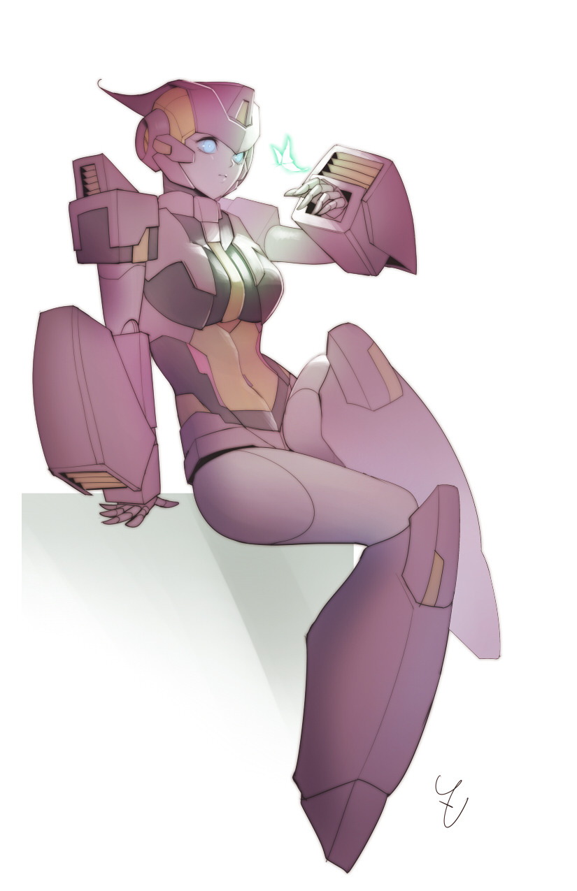 1girl autobot blue_eyes breasts bug butterfly english_commentary glowing_butterfly highres insect medium_breasts nautica navel no_humans sitting solo transformers zoner