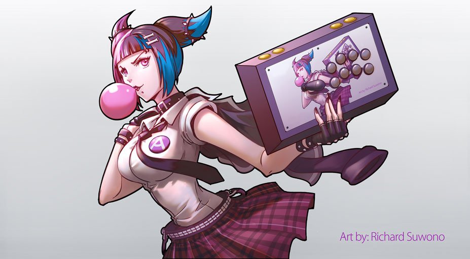 1girl alternate_costume arcade_stick bangs belt black_hair black_neckwear blue_hair blunt_bangs bone_hair_ornament breasts bubble_blowing chewing_gum collar commentary controller dog_collar drill_hair english_commentary fingerless_gloves game_controller gloves hair_ornament han_juri jacket_over_shoulder joystick large_breasts mole mole_under_mouth multicolored_hair necktie pink_eyes pink_hair plaid plaid_skirt punk recursion richard_suwono school_uniform short_sleeves skirt slender_waist solo street_fighter street_fighter_v studded_belt studded_bracelet third-party_source twin_drills