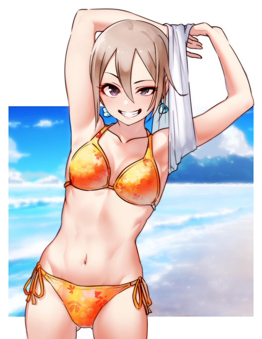 1girl armpits arms_up bikini breasts brown_hair earrings eyeliner floral_print grin hair_between_eyes idolmaster idolmaster_cinderella_girls jewelry kakaobataa makeup navel shiomi_shuuko short_hair smile solo swimsuit undressing violet_eyes yellow_bikini