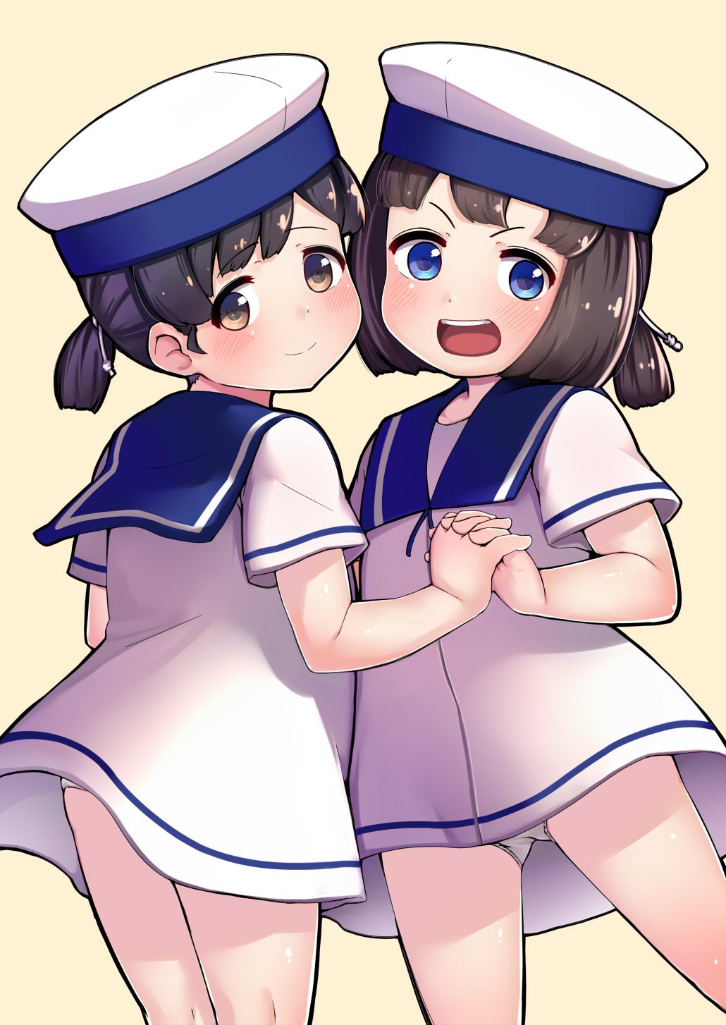 2girls bangs black_hair blue_eyes blue_sailor_collar blush brown_eyes brown_hair daitou_(kantai_collection) dress eyebrows_visible_through_hair gigokku hiburi_(kantai_collection) highres holding_hands kantai_collection multiple_girls open_mouth panties pantyshot ponytail sailor_collar sailor_dress short_sleeves simple_background smile underwear white_dress white_panties yellow_background