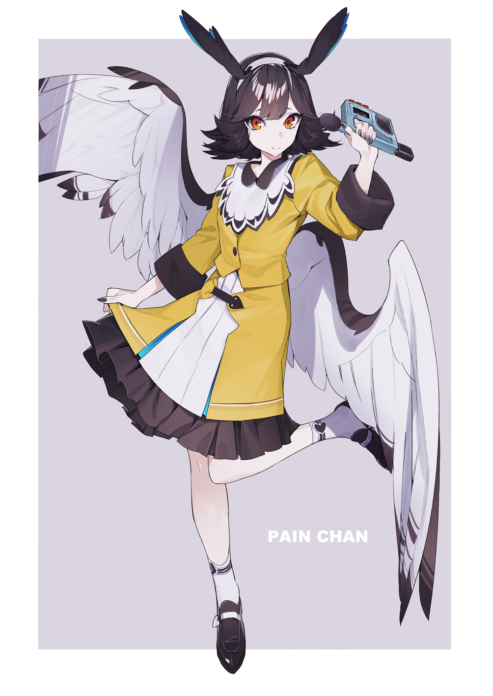 1girl black_footwear black_hair black_nails blouse eyebrows_behind_hair feathered_wings hairband highres holding holding_microphone kamameshi_gougoumaru long_sleeves microphone orange_eyes original owl_ears owl_wings short_hair skirt skirt_hold socks solo standing standing_on_one_leg two-tone_background wings yellow_blouse yellow_skirt