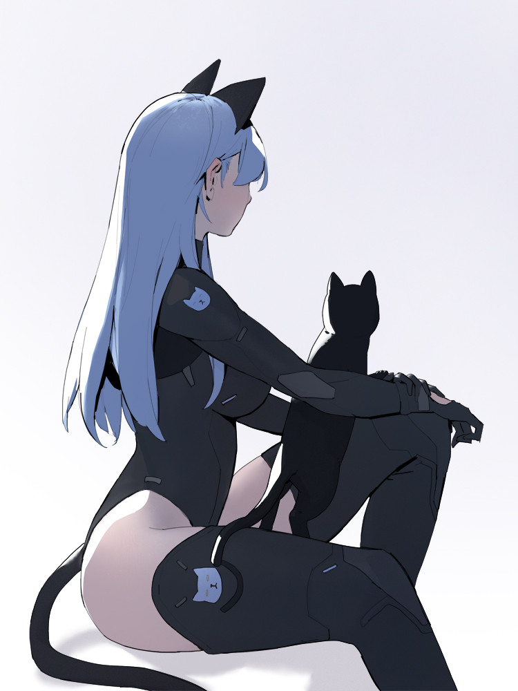 1girl animal_ears black_legwear bodysuit breasts cat cat_ears cat_tail dongho_kang facing_away grey_background large_breasts leotard long_hair looking_afar original profile silver_hair simple_background sitting solo tail thigh-highs