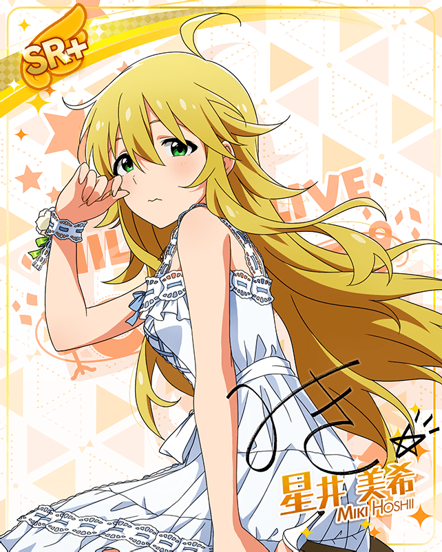 blonde_hair blush character_name dress green_eyes hoshii_miki idolmaster_million_live!_theater_days long_hair