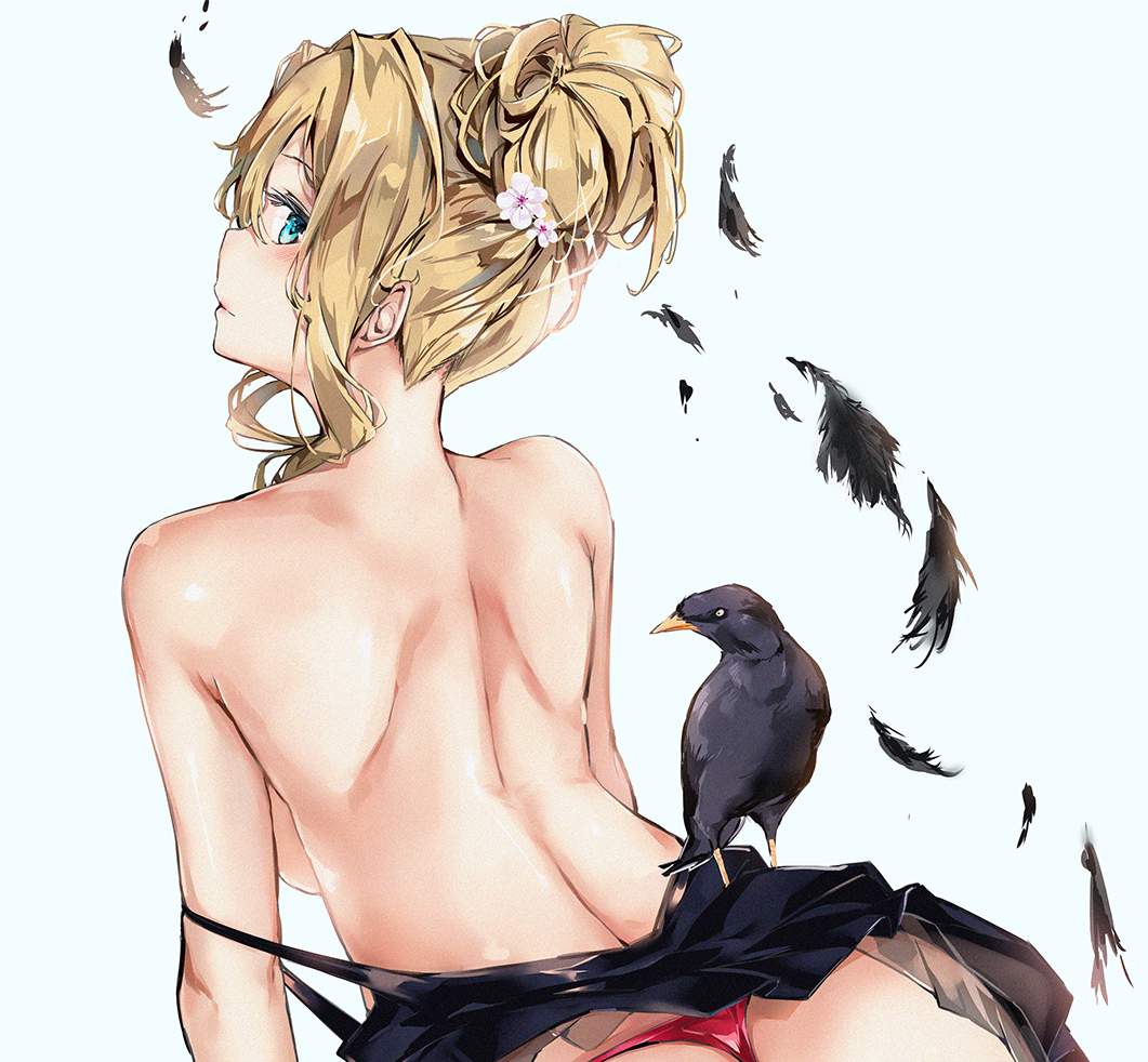 1girl back bird blonde_hair blue_eyes blush breasts daima_hmw dress dress_removed eyebrows_visible_through_hair feathers flower girls_frontline hair_between_eyes hair_bun hair_flower hair_ornament long_hair looking_at_viewer looking_back no_bra panties raven_(animal) red_panties solo suomi_kp31_(girls_frontline) underwear white_background