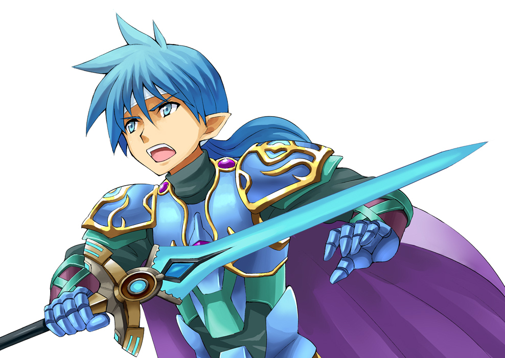 1boy :o armor blue_eyes blue_hair cape gauntlets headband holding holding_sword holding_weapon ma_tsukasa male_focus pointy_ears purple_cape roddick_farrence simple_background solo standing star_ocean sword upper_body weapon white_background white_headband
