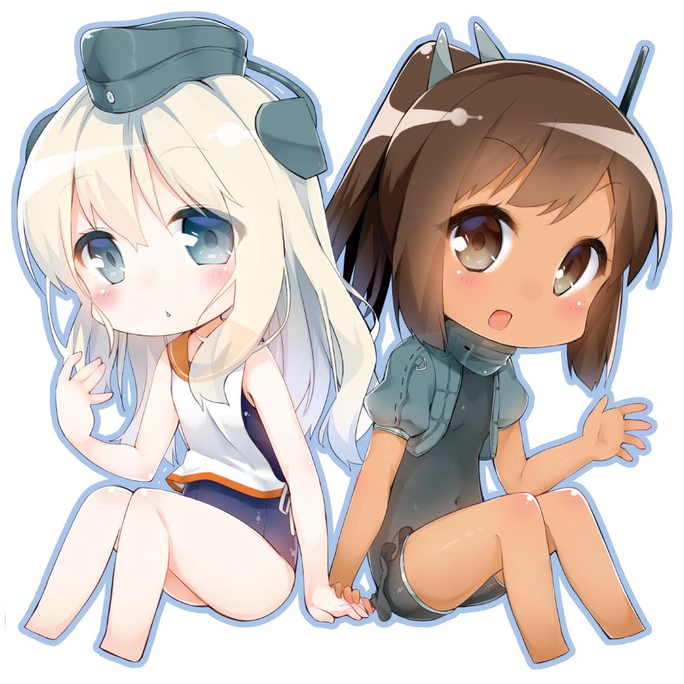 2girls blonde_hair blue_eyes blush brown_eyes brown_hair chibi commentary_request cosplay cropped_jacket eyebrows_visible_through_hair garrison_cap hair_ornament hairclip hat i-401_(kantai_collection) i-401_(kantai_collection)_(cosplay) kantai_collection long_hair looking_at_viewer military military_uniform multiple_girls one-piece_swimsuit open_mouth ponytail puffy_sleeves sailor_collar shirt short_hair side-tie_shirt simple_background sitting sleeveless sleeveless_shirt swimsuit swimsuit_under_clothes tan tousaki_shiina u-511_(kantai_collection) u-511_(kantai_collection)_(cosplay) uniform