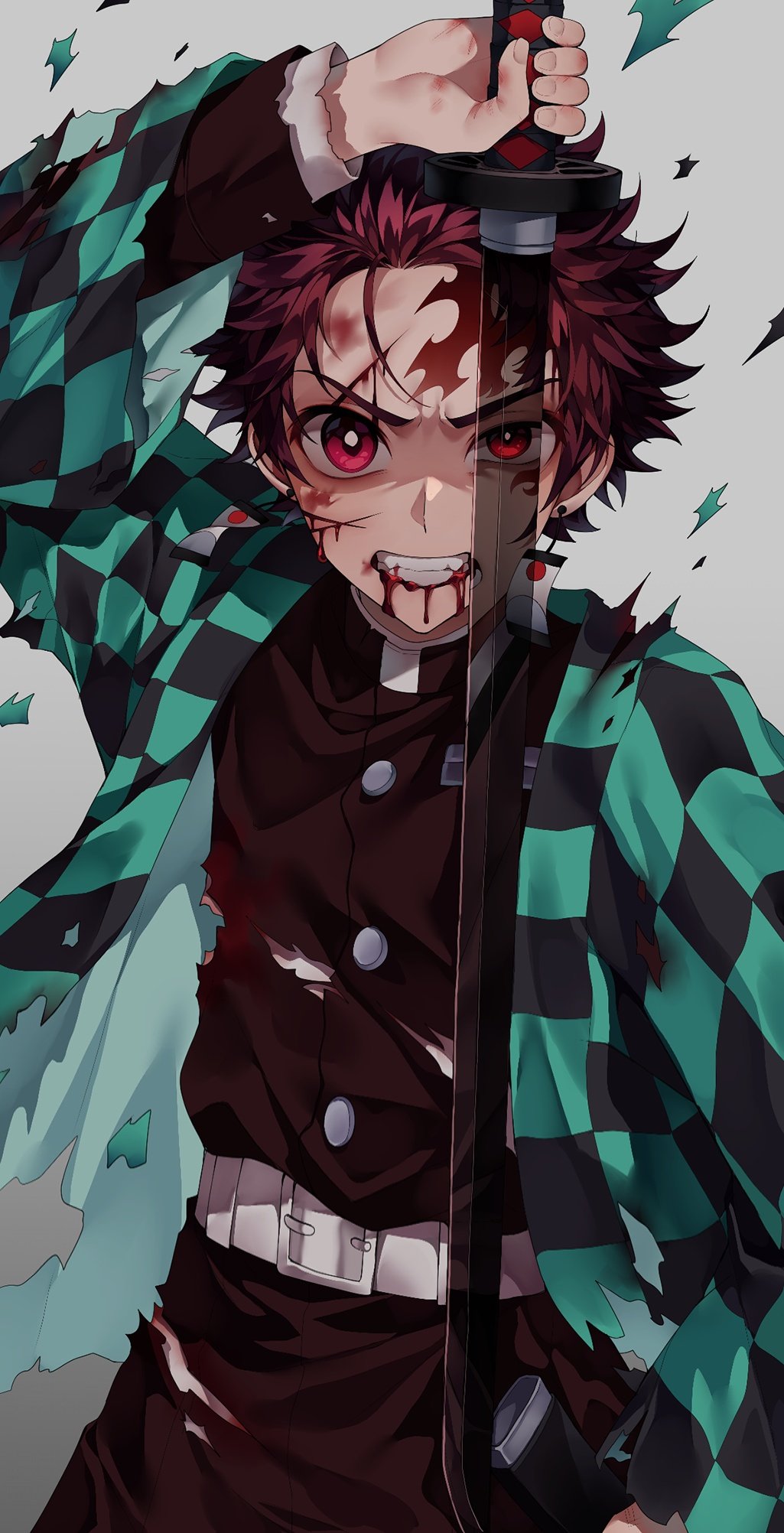 1boy black_pants blood blood_from_mouth blood_on_face bright_pupils bruise_on_face checkered clenched_teeth commentary_request earrings fighting_stance ha_youn haori highres holding holding_sword holding_weapon japanese_clothes jewelry kamado_tanjirou katana kimetsu_no_yaiba looking_at_viewer male_focus pants red_eyes redhead simple_background solo sword teeth torn_clothes weapon white_pupils