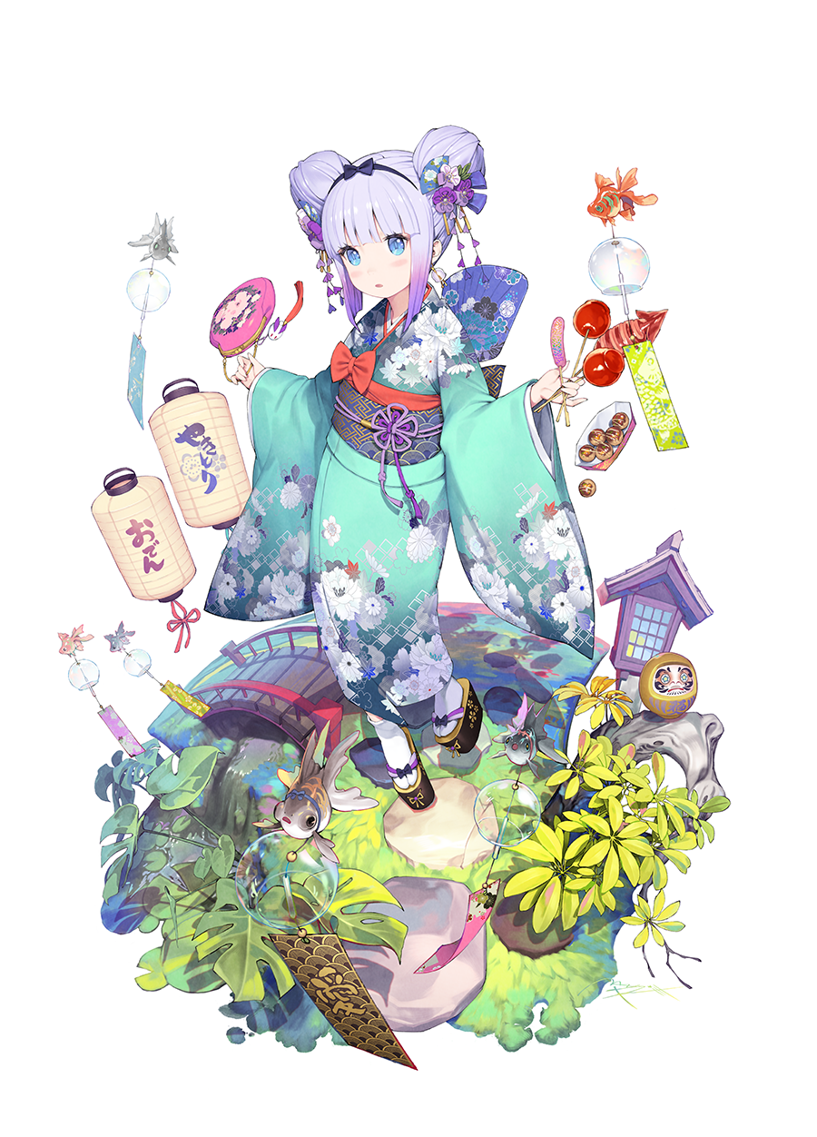 1girl bangs blue_eyes blush fish food goldfish hair_ornament hairband highres holding holding_food japanese_clothes kanna_kamui kimono kobayashi-san_chi_no_maidragon lavender_hair long_sleeves looking_at_viewer mandrill plant solo standing summer_festival white_legwear yukata