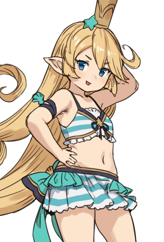 1girl :d arm_behind_head arm_up bangs bikini bikini_skirt blonde_hair blue_eyes charlotta_fenia cowboy_shot flat_chest full_body granblue_fantasy hand_on_hip harvin houtengeki long_hair looking_at_viewer navel open_mouth pointy_ears simple_background smile solo striped striped_bikini swimsuit very_long_hair white_background