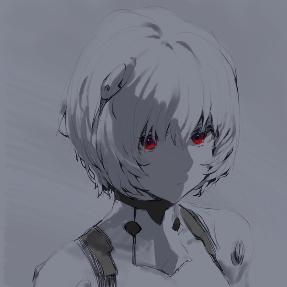 1girl ayanami_rei bangs bodysuit closed_mouth grey_background hair_between_eyes headgear looking_at_viewer neon_genesis_evangelion portrait red_eyes shirabi short_hair solo spot_color