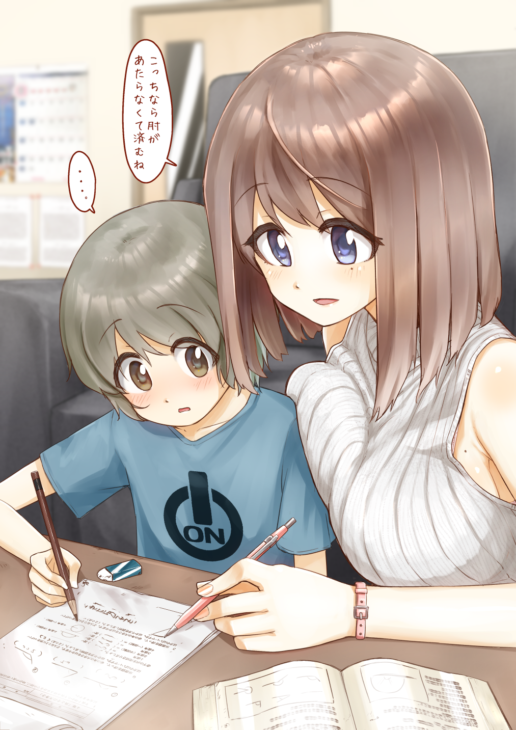 1boy age_difference blue_eyes blush breast_press breasts child eraser highres indoors large_breasts looking_at_breasts math open_eyes open_mouth original pencil ribbed_sweater ringoanu studying sweater translation_request tutor