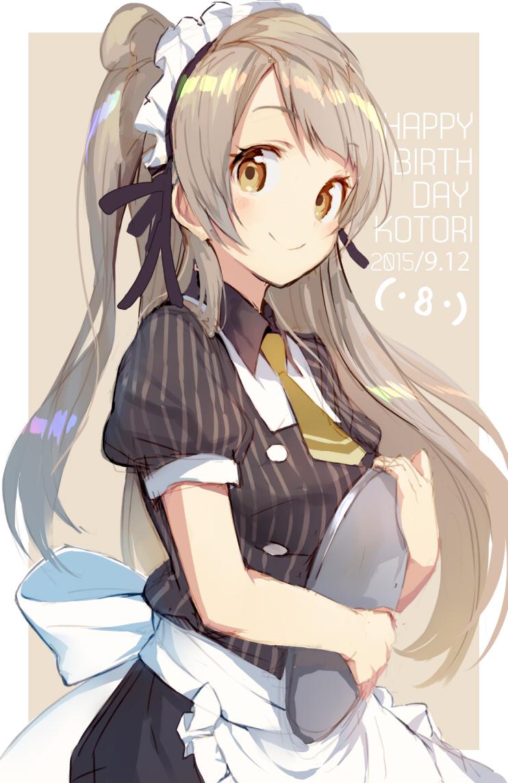 1girl apron black_dress brown_eyes closed_mouth double-breasted dress grey_hair happy_birthday holding holding_tray long_hair looking_at_viewer love_live! love_live!_school_idol_project maid_headdress minami_kotori necktie one_side_up puffy_short_sleeves puffy_sleeves shirabi short_sleeves smile solo striped striped_dress tray waist_apron waitress white_apron yellow_neckwear