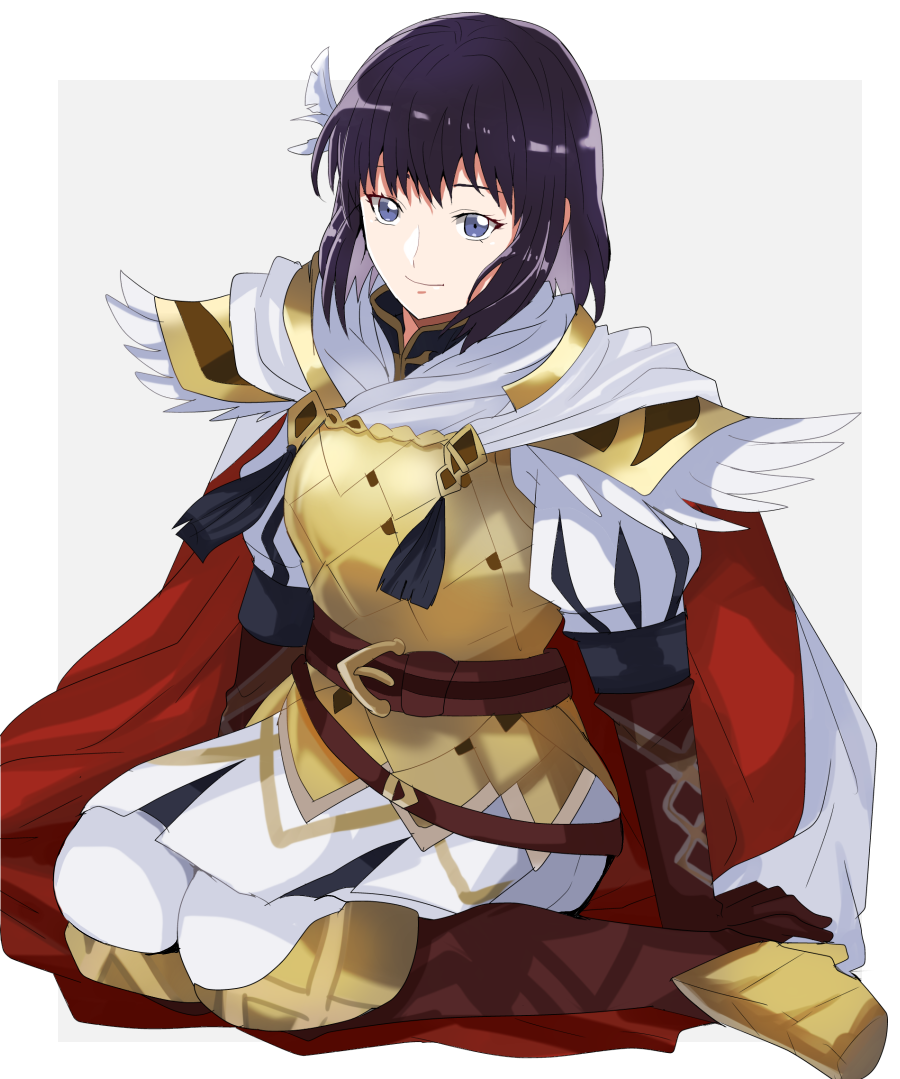 1girl alternate_costume armor bangs belt black_hair blue_eyes cape commentary_request feather_trim feathers fire_emblem fire_emblem:_thracia_776 fire_emblem_heroes full_body hair_feathers olwen_(fire_emblem) puffy_short_sleeves puffy_sleeves rem_sora410 short_hair short_sleeves simple_background sitting smile solo wariza white_background white_legwear