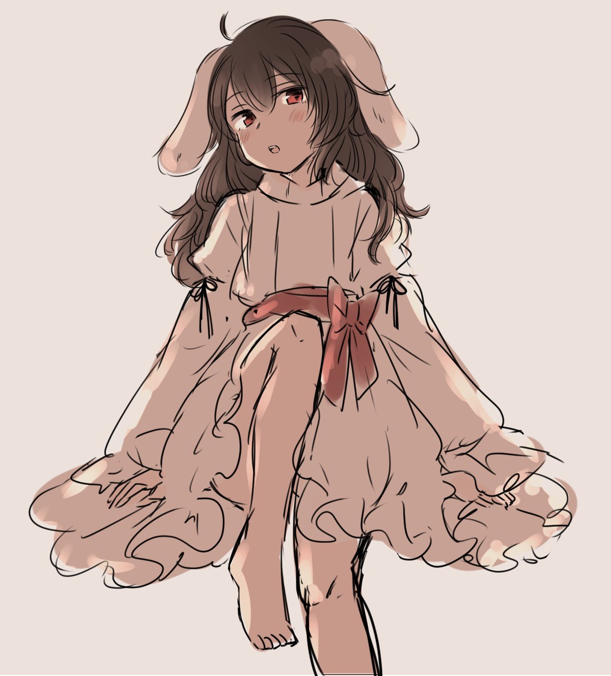 1girl ahoge alternate_hair_length alternate_hairstyle animal_ears blush bow brown_hair dress head_tilt highres inaba_tewi inazakura00 knee_up long_dress long_hair long_sleeves looking_at_viewer parted_lips rabbit_ears red_bow red_eyes sash simple_background sketch solo touhou white_background white_dress