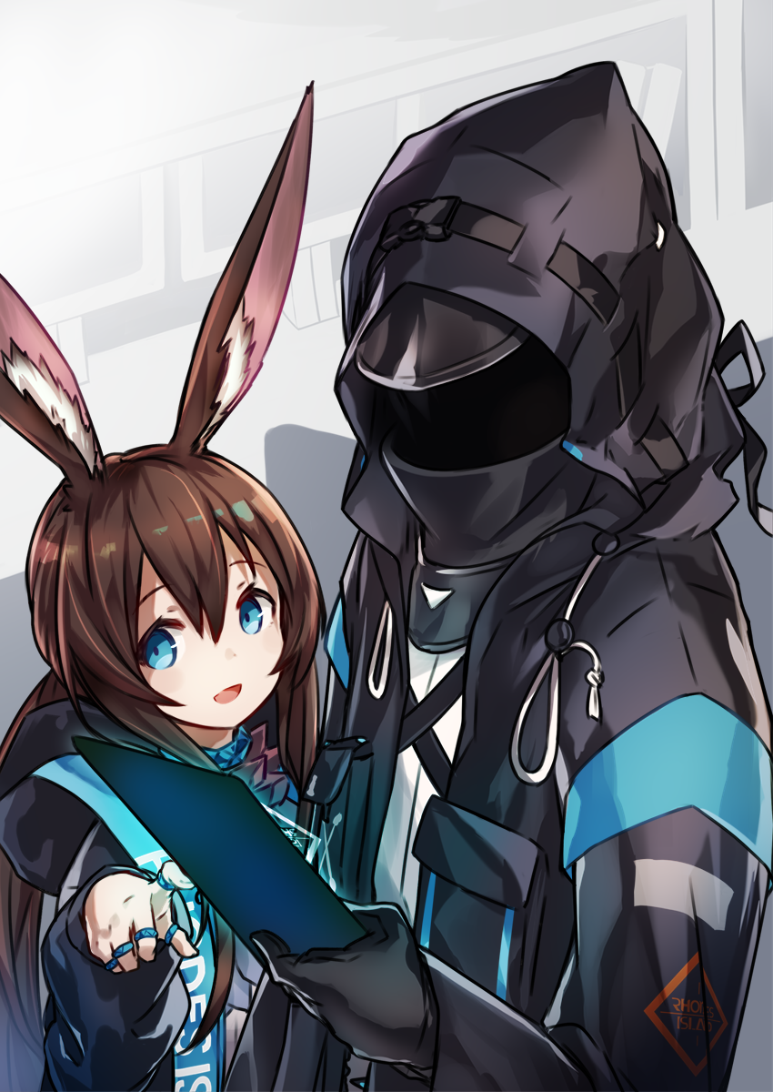 1girl 1other :d amiya_(arknights) animal_ear_fluff animal_ears arknights bangs black_gloves black_jacket blue_eyes brown_hair doctor_(arknights) eyebrows_behind_hair gloves hair_between_eyes highres holding hood hood_down hood_up hooded_jacket jacket jewelry kazana_(sakuto) long_sleeves open_mouth rabbit_ears ring shirt smile upper_body white_shirt