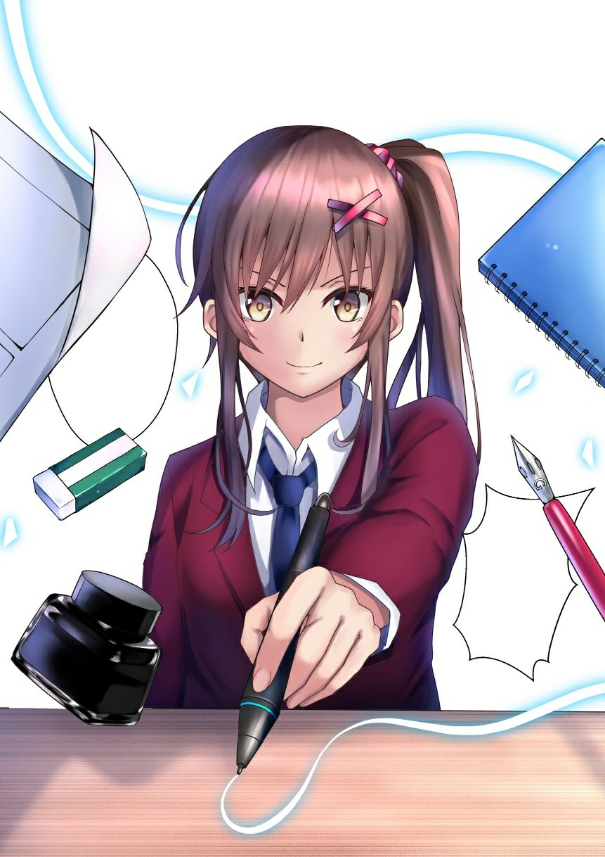 1girl bangs blazer blue_neckwear blush brown_eyes brown_hair closed_mouth collared_shirt eraser eyebrows_behind_hair hair_between_eyes highres holding holding_stylus inkwell jacket long_hair long_sleeves looking_at_viewer mishiro0229 necktie nib_pen_(medium) notebook original outstretched_arm red_jacket shirt side_ponytail sidelocks simple_background smile solo stylus traditional_media v-shaped_eyebrows white_background white_shirt