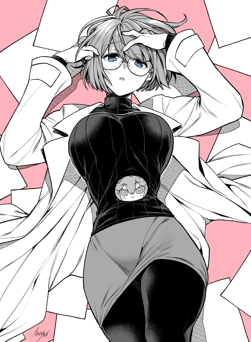 1girl blue_eyes breasts cowboy_shot eyebrows_visible_through_hair eyes_visible_through_hair freckles glasses greyscale heris_ardebit labcoat large_breasts long_hair looking_at_viewer lying monochrome on_back open_mouth pantyhose paper promare short_hair skirt solo takatsuki_ichi