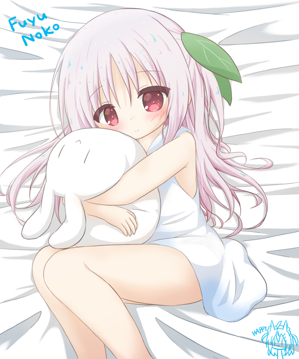 1girl bangs bare_arms bare_legs bare_shoulders bed_sheet blush closed_mouth dress eyebrows_visible_through_hair feet_out_of_frame fuyuno_usako grey_hair hair_between_eyes hair_ornament highres leaf_hair_ornament long_hair looking_at_viewer lying object_hug on_side one_side_up original parted_bangs red_eyes rinechun rinechun's_blonde_dog_girl sleeveless sleeveless_dress smile solo stuffed_animal stuffed_bunny stuffed_toy very_long_hair white_dress