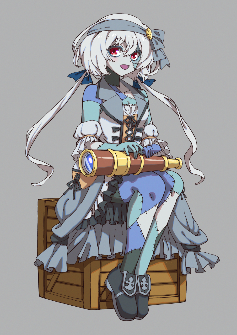 1girl :d black_footwear blue_skin crate dress frilled_dress frills grey_background grey_skin hairband highres konno_junko looking_at_viewer low_twintails open_mouth red_eyes silver_hair sitting smile somasoutaro spyglass stitches twintails white_hairband zombie zombie_land_saga