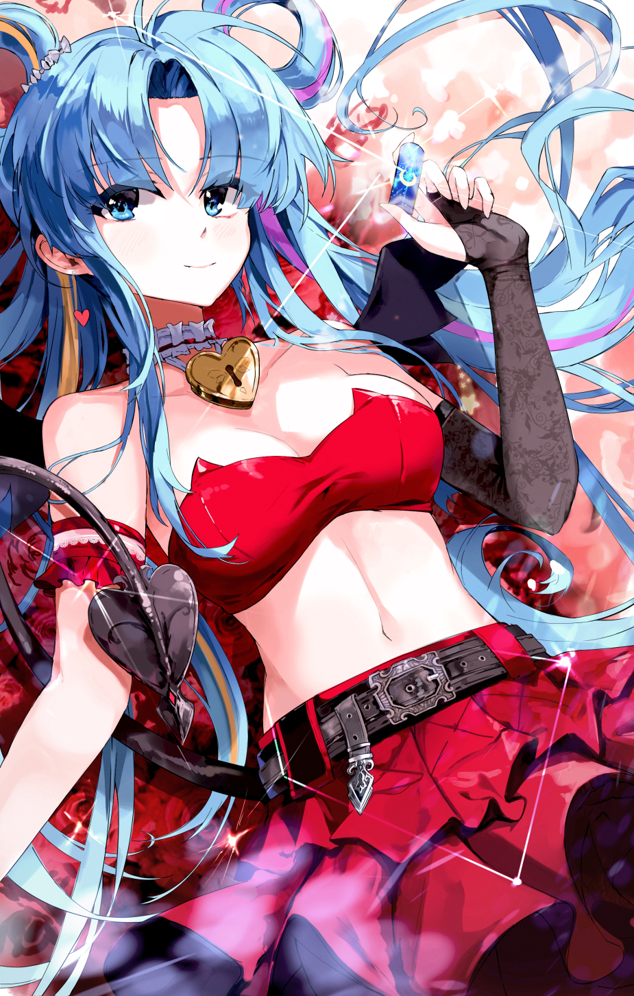 1girl blue_eyes blue_hair demon_tail demon_wings heart highres kooemong lock long_hair looking_at_viewer multicolored_hair navel orange_hair original purple_hair smile solo tail very_long_hair wings