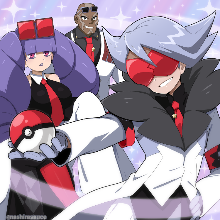 1girl 2boys armband bald bangs black_shirt blunt_bangs breasts checkered checkered_legwear chetta_(pokemon) collared_shirt commentary dark_skin dark_skinned_male drival_(pokemon) eyewear_on_head fur-trimmed_jacket fur_trim grin hand_on_hip holding holding_poke_ball jacket large_breasts lipstick long_hair looking_at_viewer lyer_(pokemon) makeup mismatched_legwear multiple_boys nashirasauce necktie pantyhose poke_ball poke_ball_(basic) pokemon pokemon_(game) pokemon_masters purple_hair purple_lipstick red-tinted_eyewear red_armband red_legwear red_neckwear shirt silver_hair smile sparkle standing tinted_eyewear twitter_username visor white_jacket