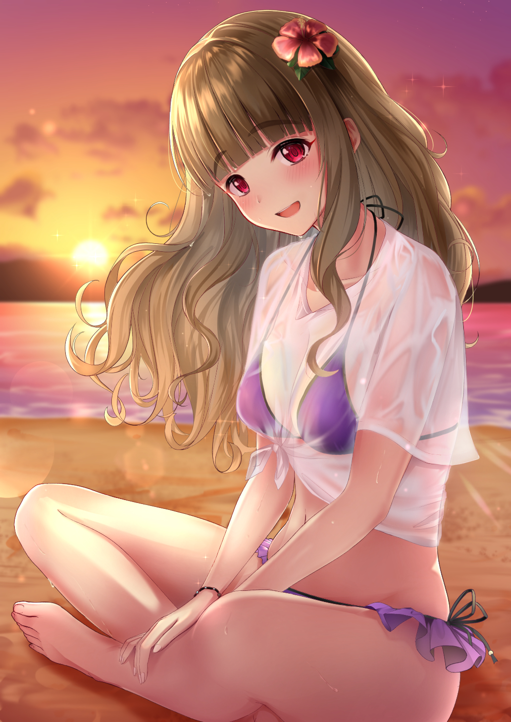 1girl :d bangs barefoot beach bikini blunt_bangs blush bracelet breasts brown_hair clouds cola crossed_legs eyebrows_visible_through_hair flower frilled_bikini frills hair_flower hair_ornament hands_on_lap hibiscus highres idolmaster idolmaster_cinderella_girls jewelry kamiya_nao karu_(qqqtyann) large_breasts long_hair looking_at_viewer mountain navel ocean open_mouth outdoors purple_bikini red_eyes revision reward_available see-through shirt shirt_lift side-tie_bikini sidelocks sitting sky smile solo sunset swimsuit tied_shirt wet wet_clothes wet_shirt