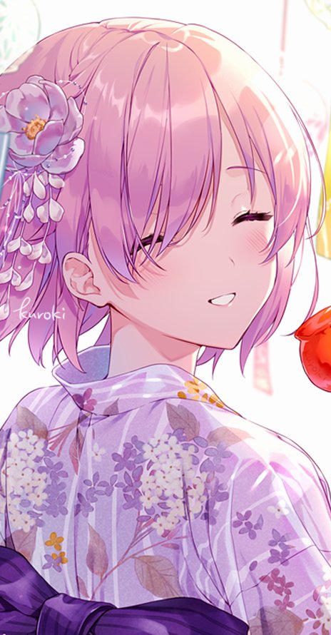 1girl :d artist_name bangs blush candy_apple closed_eyes commentary day eyebrows_visible_through_hair fate/grand_order fate_(series) festival floral_print flower flower_request food from_behind hair_flower hair_ornament hair_over_one_eye japanese_clothes kimono kuroki_(ma-na-tu) looking_at_viewer looking_back mash_kyrielight obi one_eye_covered open_mouth outdoors pink_hair print_kimono sash shiny shiny_hair short_hair signature smile solo stick summer swept_bangs tanabata tanzaku upper_body white_background yukata