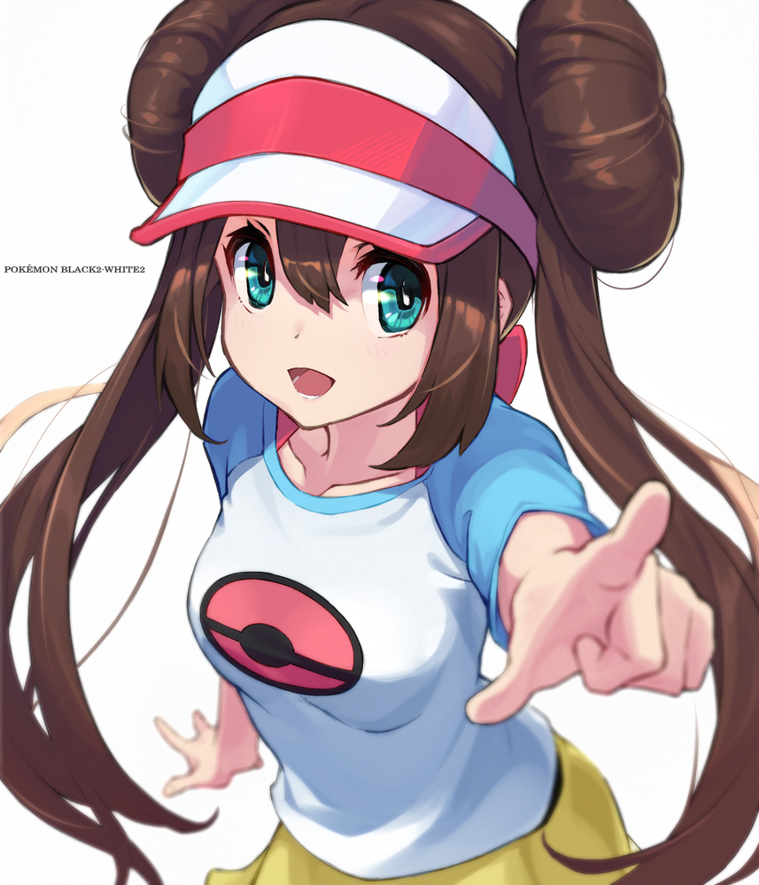 1girl bangs blurry blurry_background blurry_foreground bow brown_hair commentary depth_of_field double_bun foreshortening fumi_t204 green_eyes hair_bow long_hair looking_at_viewer mei_(pokemon) open_mouth pointing pointing_at_viewer poke_ball_print pokemon pokemon_(game) pokemon_bw2 raglan_sleeves red_bow shirt short_shorts short_sleeves shorts simple_background smile solo standing twintails very_long_hair visor_cap white_background white_shirt yellow_shorts