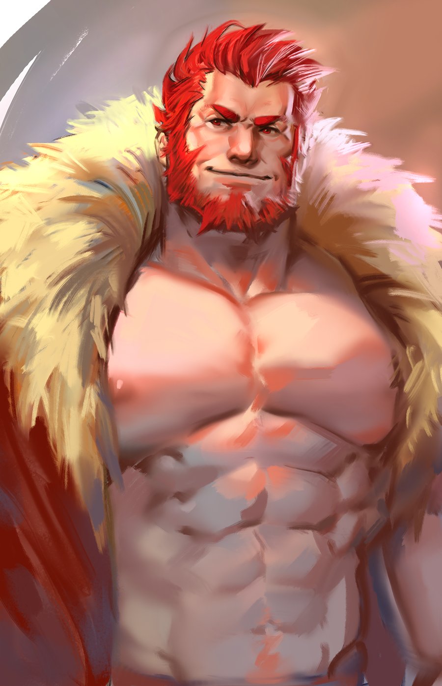 1boy abs bara beard cape chest facial_hair fate/zero fate_(series) highres iskandar_(fate) jang_ju_hyeon looking_at_viewer male_focus manly muscle nipples pectorals red_eyes redhead shirtless smile solo upper_body