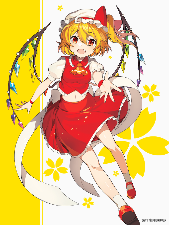1girl back_bow blonde_hair bow crystal fang flandre_scarlet flower frills hand_up hat hat_ribbon heart long_hair looking_at_viewer mob_cap open_mouth puchipu puffy_short_sleeves puffy_sleeves reaching_out red_eyes red_ribbon red_skirt red_vest ribbon shirt short_sleeves side_ponytail simple_background skirt skirt_hold smile solo touhou upper_body vest white_background white_bow white_headwear white_shirt wings wrist_cuffs yellow_flower yellow_neckwear