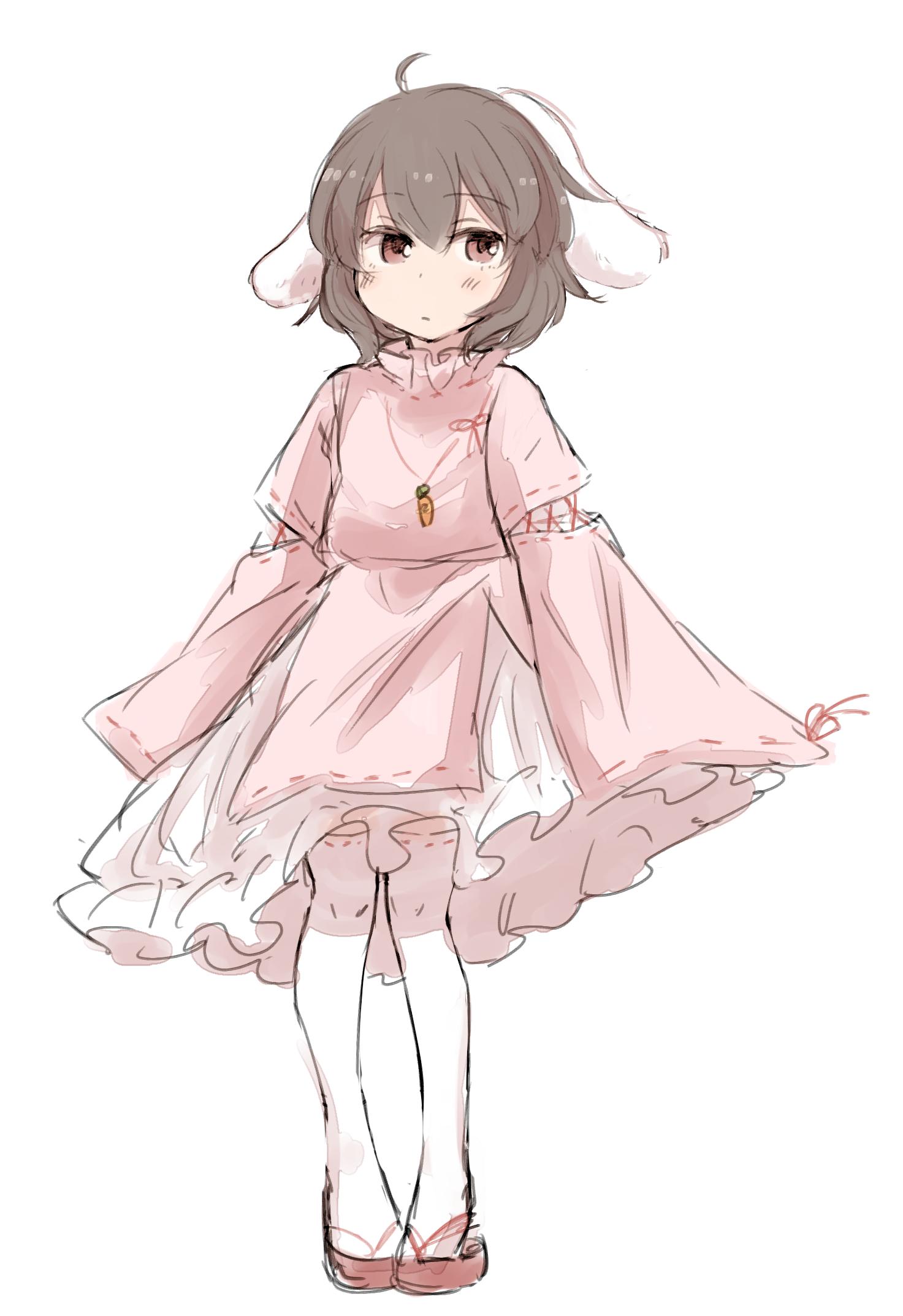 1girl ahoge animal_ears blush brown_hair carrot_necklace closed_mouth dress full_body highres inaba_tewi inazakura00 long_sleeves looking_at_viewer pink_dress rabbit_ears red_eyes sandals short_hair simple_background sleeves_past_fingers sleeves_past_wrists solo thigh-highs touhou white_background white_legwear