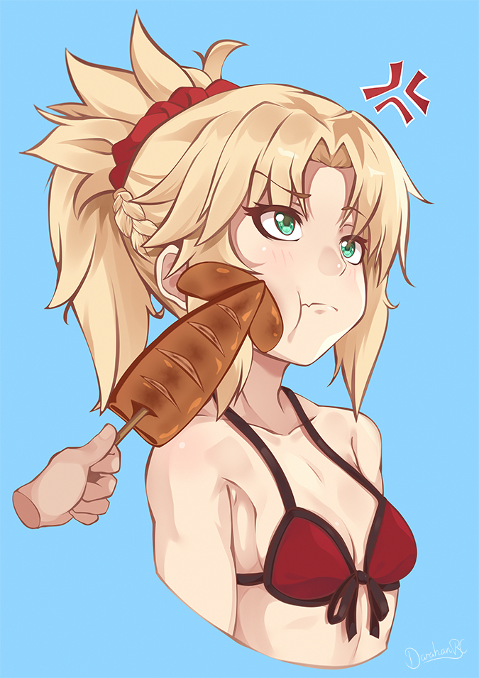 :t anger_vein bangs bikini blonde_hair blue_background bow braid breasts cheek_poking collarbone darahan disembodied_limb eyebrows_visible_through_hair fate/apocrypha fate/grand_order fate_(series) food french_braid front-tie_top green_eyes grilled_squid hair_ornament hair_scrunchie looking_to_the_side mordred_(fate) mordred_(fate)_(all) poking ponytail red_bikini red_scrunchie scrunchie sidelocks signature small_breasts squid swimsuit upper_body