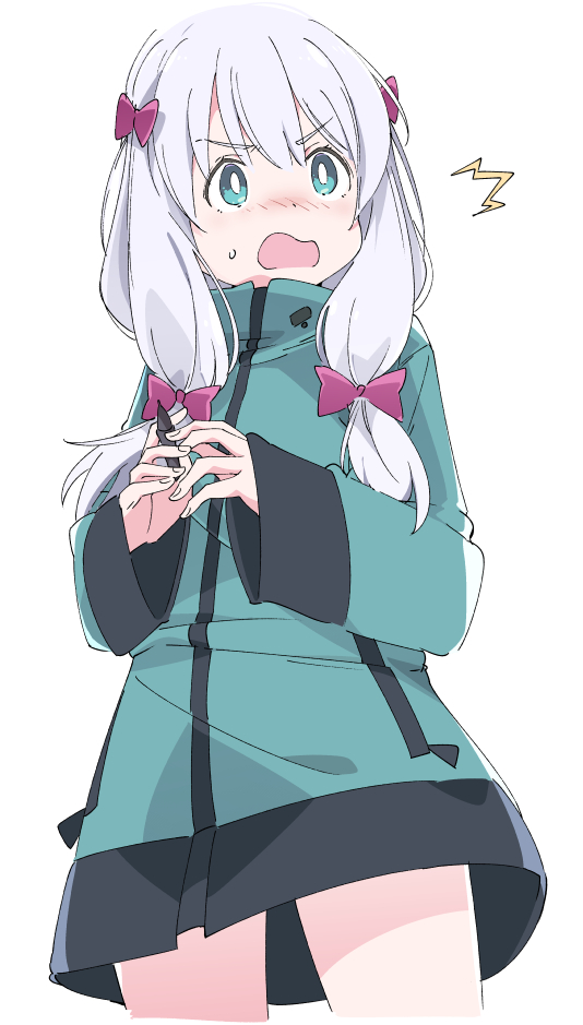 1girl aqua_eyes aqua_jacket blush bow cowboy_shot embarrassed eromanga_sensei eyebrows_visible_through_hair hair_ornament holding holding_stylus ixy izumi_sagiri jacket long_hair multicolored multicolored_clothes multicolored_jacket open_mouth pink_bow silver_hair simple_background solo stylus surprised sweatdrop white_background