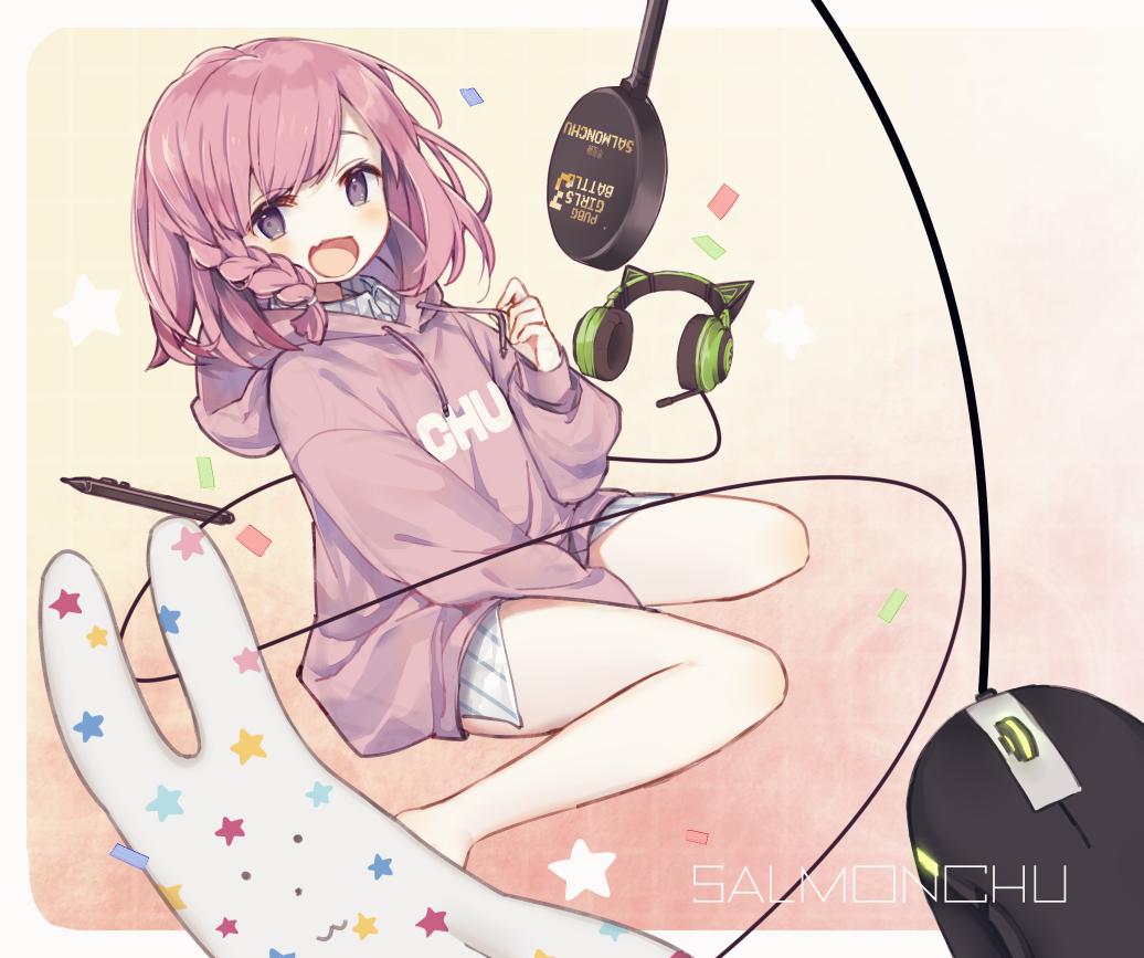 1girl :d arm_up bangs between_legs braid cat_ear_headphones clothes_writing commentary_request confetti drawstring drawstring_pull fang full_body hand_between_legs headphones hood hood_down hooded_jacket jacket kawaii_rowa long_sleeves looking_at_viewer mouse_(computer) open_mouth original pink_hair shiny shiny_hair short_hair side_braid single_braid sitting smile solo stylus swept_bangs toy violet_eyes wariza