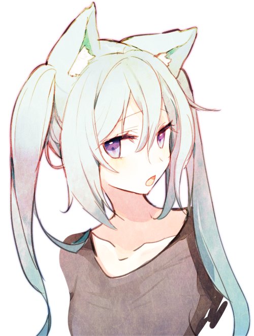 1girl animal_ears aqua_hair bangs black_shirt cat_ears chestnut_mouth commentary_request hair_between_eyes kawaii_rowa long_hair looking_at_viewer open_mouth original shirt simple_background solo upper_body very_long_hair white_background