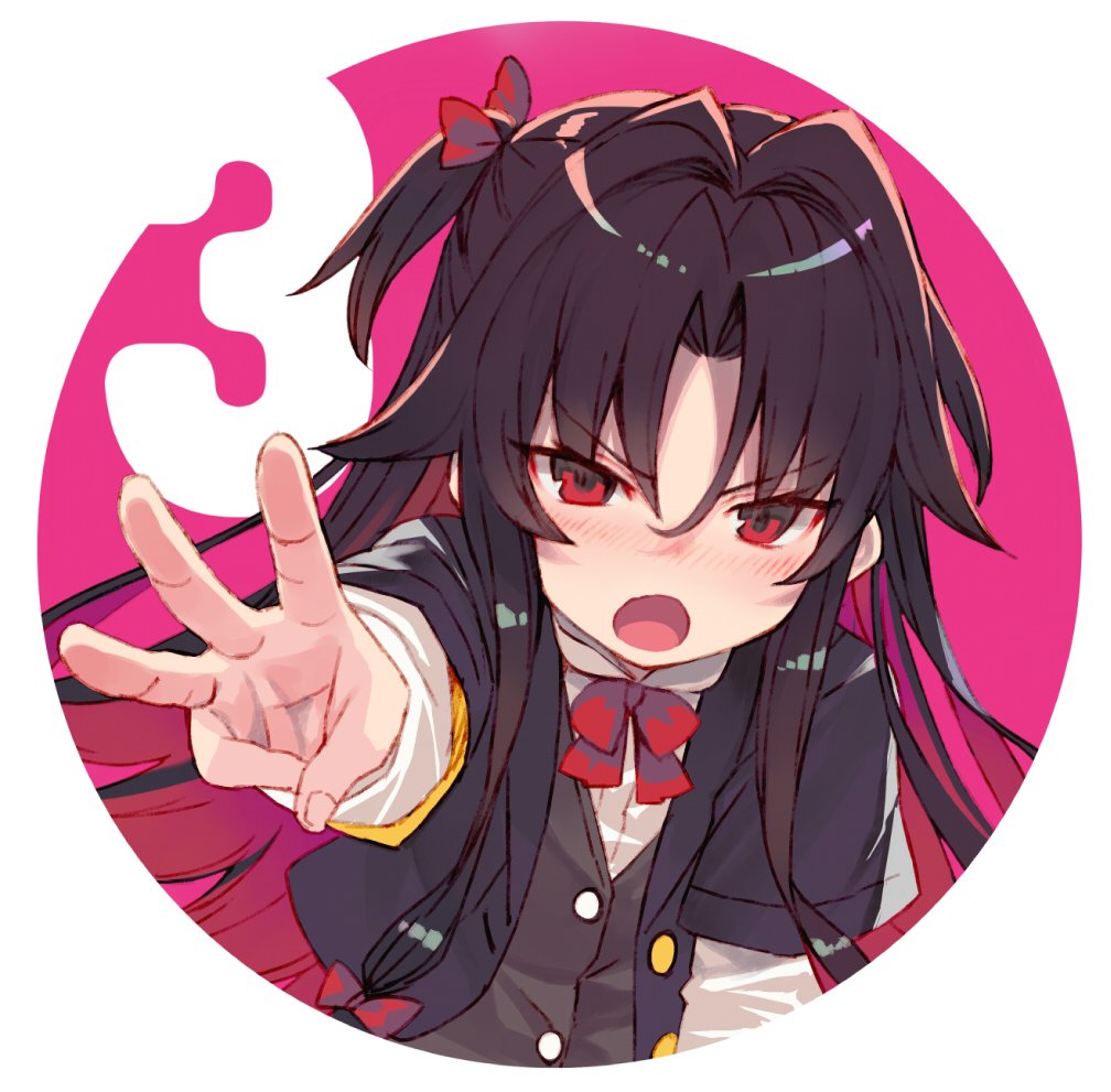 1girl :o bangs black_hair black_jacket blush bow brown_vest countdown eyebrows_visible_through_hair fingernails hair_between_eyes hair_bow jacket long_hair long_sleeves looking_at_viewer multicolored_hair nose_blush open_mouth outstretched_arm red_bow red_eyes redhead ryuuou_no_oshigoto! shirabi shirt short_over_long_sleeves short_sleeves solo two-tone_hair very_long_hair vest w white_shirt yashajin_ai